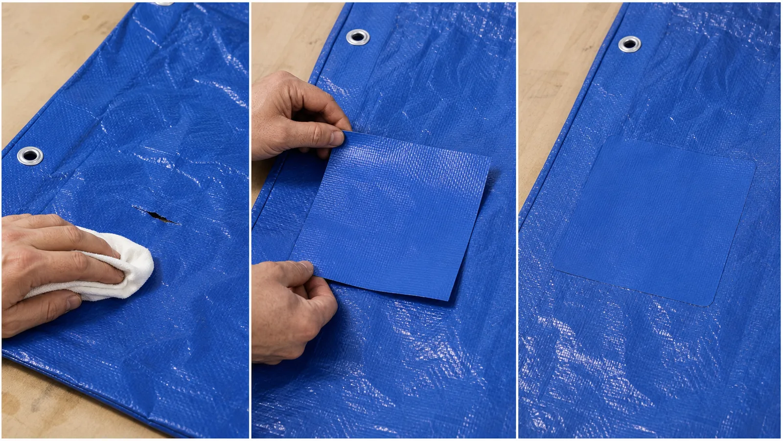 Three-step tarp patch repair: clean and dry the tear, place a patch with margin, then bond it to the coating
