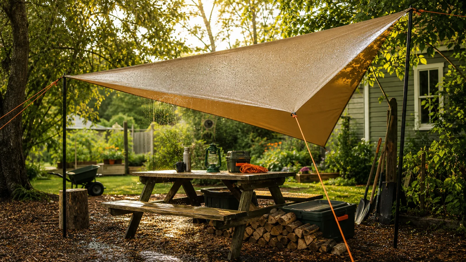 Tan tarp pitched over a backyard work and storage area