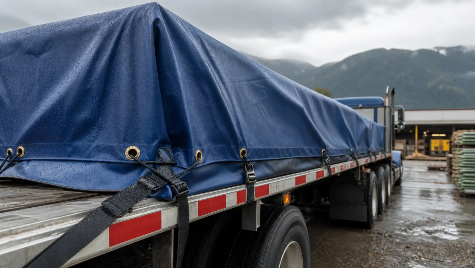 Tarp covering freight on a flatbed trailer
