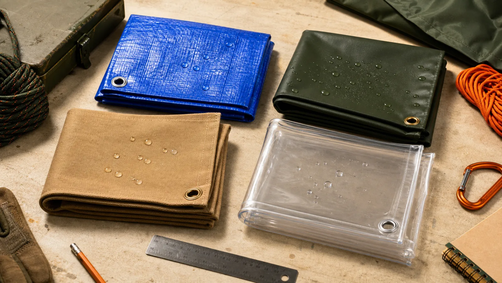 Folded PE, PVC, canvas, and clear vinyl tarp samples showing surface texture and grommets