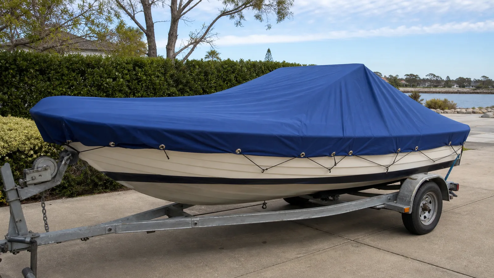 Small boat on a trailer covered by a blue tarp secured with rope