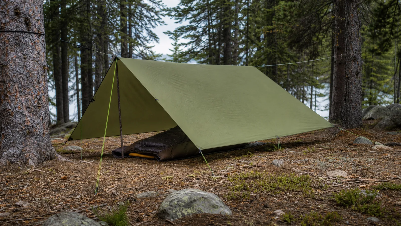 Green camping tarp pitched as an A-frame shelter over a hammock in the woods