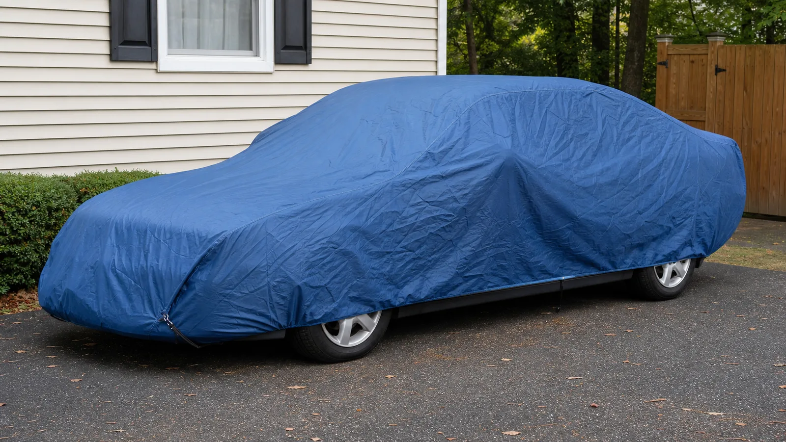 Sedan in a driveway fully covered by a blue outdoor tarp