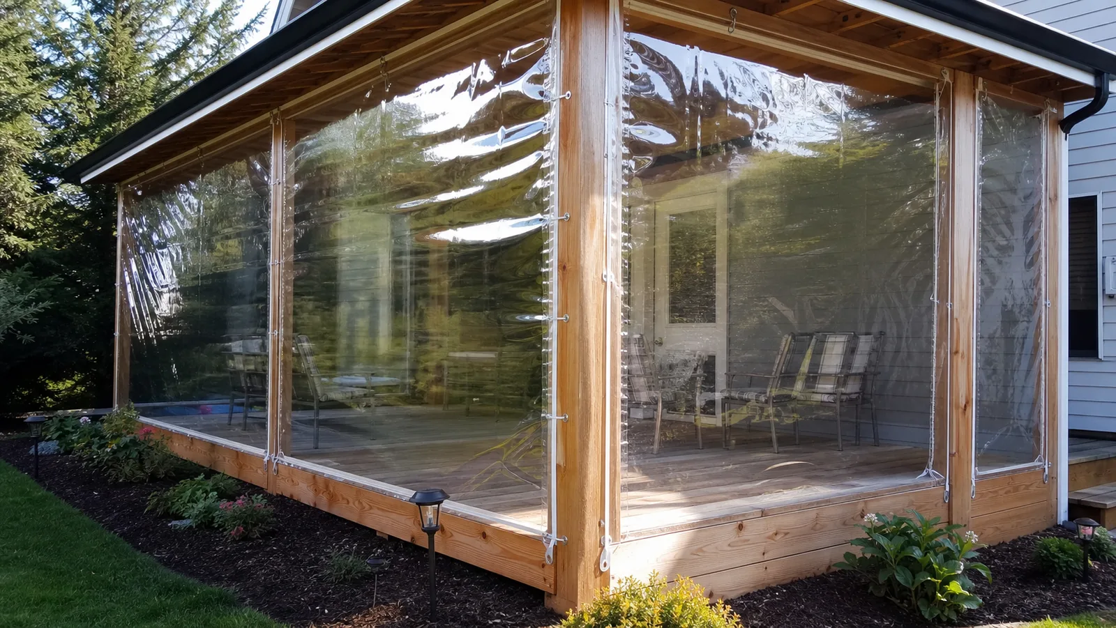 Clear transparent tarp used as a temporary porch enclosure with sunlight passing through