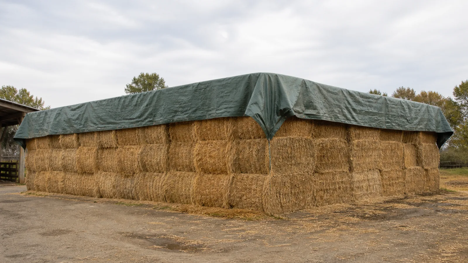 Outdoor hay bale stack protected by a green top tarp with open sides