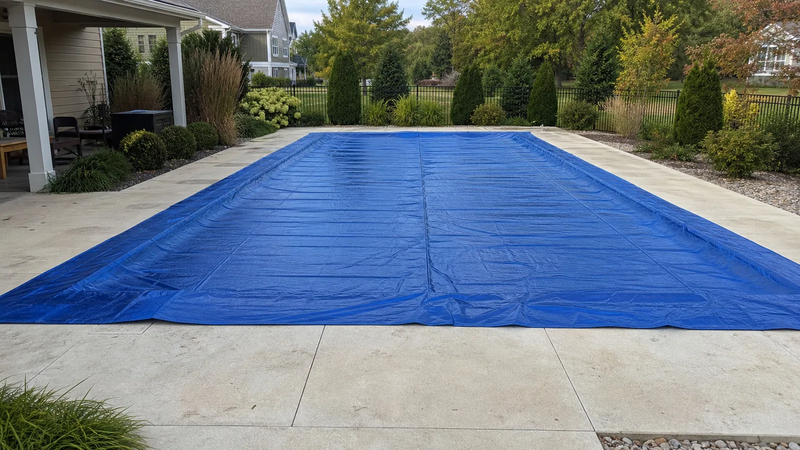 Rectangular backyard swimming pool covered by a large blue tarp with overhang on the deck